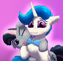 Size: 2380x2300 | Tagged: safe, artist:gosha305, idw, imported from derpibooru, dj pon-3, octavia melody, vinyl scratch, earth pony, pony, unicorn, :p, abstract background, alternate hairstyle, alternate universe, blushing, bowtie, bust, cheek fluff, cheek to cheek, chest fluff, cuddling, cute, duo, ear fluff, female, floppy ears, fluffy, high res, horn, hug, lesbian, looking at you, mare, mirror universe, one eye closed, pink background, portrait, scratchtavia, shipping, simple background, smiling, tavibetes, tongue out, vinylbetes, wink