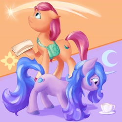 Size: 4096x4096 | Tagged: safe, artist:felldeal, imported from derpibooru, izzy moonbow, sunny starscout, earth pony, pony, unicorn, cup, duo, duo female, female, g5, mare, moon, shooting star, simple background, sun, teacup