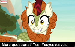 Size: 1920x1212 | Tagged: safe, edit, edited screencap, imported from derpibooru, screencap, autumn blaze, kirin, comic:celestia's servant interview, season 8, sounds of silence, spoiler:s08, caption, cs captions, female, grin, image macro, interview, looking at you, smiling, smiling at you, solo, text