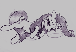 Size: 2507x1725 | Tagged: safe, artist:mizhisha, imported from derpibooru, rarity, pony, bedroom eyes, female, looking at you, lying down, mare, messy mane, monochrome, pillow, simple background, smiling, smiling at you, solo, traditional art