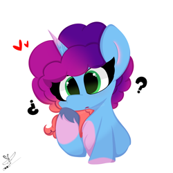 Size: 3000x3000 | Tagged: safe, artist:daftramms, imported from derpibooru, pony, unicorn, confused, cute, fanart, g5, high res, misty brightdawn, question mark, simple background, solo, white background