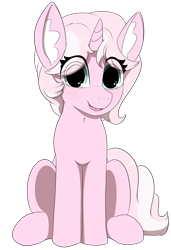 Size: 1749x2560 | Tagged: safe, artist:marshmallowfluff, imported from derpibooru, oc, oc only, oc:marshmallow fluff, pony, unicorn, derpibooru community collaboration, 2024 community collab, eye clipping through hair, freckles, looking at you, open mouth, open smile, simple background, sitting, smiling, transparent background