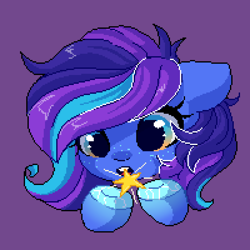 Size: 1600x1600 | Tagged: artist needed, source needed, safe, imported from derpibooru, earth pony, pony, my little pony: pony life, spoiler:g5, :o, cute, floppy ears, freckles, g5, head, hooves, looking at something, open mouth, purple background, simple background, solo, stars