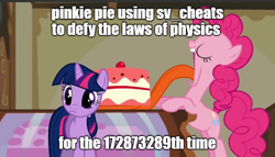 Size: 485x278 | Tagged: safe, derpibooru exclusive, edit, edited screencap, imported from derpibooru, screencap, pinkie pie, twilight sparkle, earth pony, pony, unicorn, swarm of the century, cake, caption, cartoon physics, duo, duo female, eating, female, food, image macro, leaning on table, long tongue, mare, meme, open mouth, overeating, pinkie being pinkie, stuffing, sugarcube corner, text, tongue out, unicorn twilight