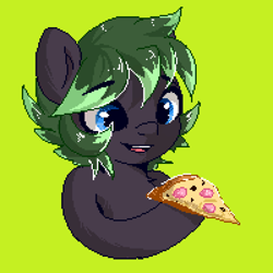 Size: 1600x1600 | Tagged: safe, imported from derpibooru, earth pony, pony, commission, food, green background, pizza, simple background, solo
