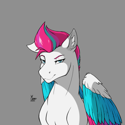 Size: 1600x1600 | Tagged: safe, artist:monolith_skyline, imported from derpibooru, zipp storm, pegasus, colored wings, female, g5, gray background, lidded eyes, looking at you, mare, multicolored wings, simple background, smiling, smiling at you, solo, wings
