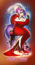 Size: 2210x4096 | Tagged: safe, artist:rajas_ledies, imported from derpibooru, rarity, anthro, unicorn, big breasts, breasts, busty rarity, clothes, dress, female, gloves, high heels, huge breasts, looking at you, shoes