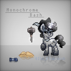 Size: 924x924 | Tagged: safe, edit, imported from derpibooru, oc, oc only, oc:monochrome bash, pony, unicorn, pony town, feather, hammer, hat, implied sandcastle, levitation, magic, reflection, sand, shovel, sledgehammer, solo, telekinesis, toy