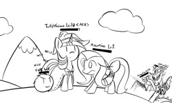 Size: 1000x600 | Tagged: safe, artist:dshou, imported from derpibooru, angel bunny, discord, fluttershy, twilight sparkle, pegasus, pony, unicorn, 2012, afk, bow, female, floppy ears, hat, life bar, mare, monochrome, old art, rpg, slime, tail, tail bow, unicorn twilight, wizard hat