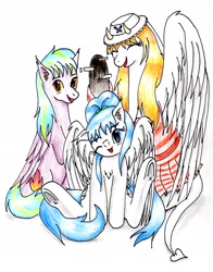 Size: 2376x3030 | Tagged: safe, artist:40kponyguy, derpibooru exclusive, imported from derpibooru, oc, oc only, oc:clarise, oc:flame burst, oc:vanilla, pegasus, derpibooru community collaboration, bunny sitting, clothes, cute, dress, ear fluff, eyes closed, female, hat, looking at you, male, mare, one eye closed, raised hoof, simple background, stallion, traditional art, underhoof, white background