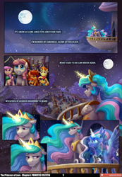 Size: 3541x5121 | Tagged: safe, artist:freeedon, artist:jewellier, artist:lummh, imported from derpibooru, princess celestia, princess luna, stellar flare, sunburst, sunset shimmer, alicorn, earth pony, pegasus, pony, unicorn, comic:the princess of love, absurd resolution, canterlot, canterlot castle, christmas, clothes, colt, decoration, ethereal mane, female, filly, filly sunset shimmer, foal, hat, hearth's warming eve, holiday, lyrics, male, mare, mare in the moon, moon, open mouth, open smile, scarf, smiling, snow, snowfall, stallion, sunspot (g4), text, winter hat, younger