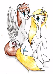 Size: 2025x2828 | Tagged: safe, artist:40kponyguy, derpibooru exclusive, imported from derpibooru, oc, oc only, oc:jezza, oc:tecuro, pegasus, pony, unicorn, derpibooru community collaboration, ear fluff, female, looking at you, male, mare, one eye closed, open mouth, open smile, raised hoof, simple background, smiling, stallion, unshorn fetlocks, white background