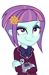 Size: 720x1090 | Tagged: safe, imported from derpibooru, sunny flare, human, equestria girls, hasbro, looking at something, simple background, smiling, smirk, solo, transparent background