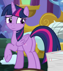 Size: 397x447 | Tagged: safe, edit, edited screencap, editor:twilyisbestpone, imported from derpibooru, screencap, twilight sparkle, alicorn, pony, molt down, season 8, spoiler:s08, butt, cropped, female, inverted mouth, mare, plot, raised hoof, smiling, solo, twibutt, twilight sparkle (alicorn)