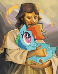 Size: 1597x2048 | Tagged: safe, artist:valorous_kid, imported from derpibooru, rainbow dash, human, pegasus, pony, crossover, cute, dashabetes, duo, female, holding a pony, jesus christ, male, mare, sweet dreams fuel