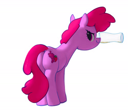 Size: 2173x1899 | Tagged: safe, artist:mandumustbasukanemen, imported from derpibooru, berry punch, berryshine, earth pony, alcohol, beer, butt, cup, drink, drinking glass, female, glass, looking at you, looking back, mare, mouth hold, plot, simple background, smiling, solo, white background