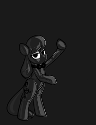 Size: 2550x3300 | Tagged: safe, artist:belaboy, edit, imported from twibooru, octavia melody, earth pony, pony, bipedal, bondage, bow, bowtie, dark, encasement, gray background, grayscale, hood, hoof hold, image, latex, latex suit, leaning, lidded eyes, monochrome, png, seams, simple background, solo, template