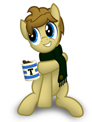 Size: 3120x4160 | Tagged: safe, artist:tidmouthmilk12, imported from derpibooru, oc, oc only, oc:tidmouth milk, earth pony, pony, clothes, food, mug, scarf, sitting, smiling, solo, splash, tea