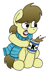 Size: 1053x1548 | Tagged: safe, artist:bobthedalek, imported from derpibooru, oc, oc only, oc:kettle master, earth pony, pony, clothes, food, mug, open mouth, scarf, simple background, solo, tea, transparent background