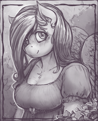 Size: 1599x1980 | Tagged: safe, artist:bantha, artist:banthatic, imported from derpibooru, fluttershy, anthro, pegasus, breasts, bust, busty fluttershy, grayscale, monochrome, portrait, smiling, solo