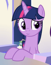 Size: 635x799 | Tagged: safe, edit, edited screencap, editor:twilyisbestpone, imported from derpibooru, screencap, twilight sparkle, alicorn, pony, season 9, sparkle's seven, spoiler:s09, cropped, cute, cutie map, female, inverted mouth, mare, sitting, smiling, solo, twiabetes, twilight sparkle (alicorn), twilight's castle