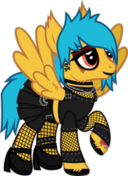 Size: 932x1279 | Tagged: safe, artist:lightningbolt, derpibooru exclusive, imported from derpibooru, pegasus, pony, .svg available, alex gaskarth, all time low, belt, buckle, chains, cheek fluff, choker, clothes, crossdressing, dyed mane, dyed tail, ear fluff, ear piercing, earring, eyeliner, eyeshadow, fishnets, hair over one eye, high heels, hoof fluff, hoof polish, jewelry, leg band, lidded eyes, lipstick, makeup, male, mascara, midriff, necklace, piercing, ponified, raised hoof, shirt, shoes, short shirt, show accurate, simple background, skirt, smiling, solo, spread wings, stallion, standing, svg, tail, tail feathers, tattoo, transparent background, vector, wing fluff, wings