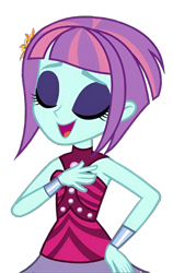 Size: 852x1350 | Tagged: safe, imported from derpibooru, sunny flare, human, equestria girls, bare shoulders, eyes closed, eyeshadow, hasbro, makeup, shadowbolts, simple background, sleeveless, smiling, solo, transparent background