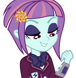 Size: 1394x1434 | Tagged: safe, imported from derpibooru, sunny flare, human, equestria girls, hasbro, looking down, shadowbolts, simple background, smiling, solo, transparent background