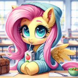 Size: 1024x1024 | Tagged: safe, imported from derpibooru, fluttershy, pegasus, pony, ai content, ai generated, apple juice, bag, bowl, cafeteria, chest fluff, clothes, cute, daaaaaaaaaaaw, drink, drinking, drinking straw, ear fluff, eyelashes, female, filly, filly fluttershy, foal, food, fork, generator:dall-e 3, hnnng, hoodie, hooves on the table, indoors, juice, juice box, looking at you, lunch, napkin, prompter:tyto4tme4l, salad, shyabetes, solo, spread wings, underhoof, wings, younger