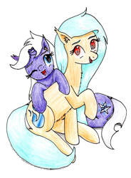 Size: 752x1024 | Tagged: safe, artist:40kponyguy, derpibooru exclusive, edit, imported from derpibooru, oc, oc only, oc:disastral, oc:floe, crystal pony, unicorn, derpibooru community collaboration, 2024 community collab, broken horn, duo, ear fluff, female, horn, long mane, looking at you, mare, one eye closed, raised hoof, simple background, traditional art, transparent background