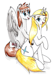 Size: 733x1024 | Tagged: safe, artist:40kponyguy, derpibooru exclusive, edit, imported from derpibooru, oc, oc only, oc:jezza, oc:tecuro, pegasus, pony, unicorn, derpibooru community collaboration, 2024 community collab, ear fluff, female, male, mare, one eye closed, open mouth, open smile, raised hoof, simple background, smiling, stallion, traditional art, transparent background, unshorn fetlocks