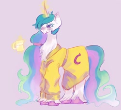 Size: 1744x1588 | Tagged: safe, artist:sleepybooo, imported from derpibooru, princess celestia, alicorn, pony, bathrobe, blush lines, blushing, chest fluff, clothes, coffee mug, ear blush, female, i hate mondays, levitation, magic, mare, morning ponies, mug, purple background, robe, simple background, solo, telekinesis, unshorn fetlocks