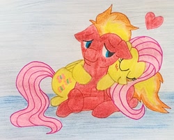 Size: 2919x2360 | Tagged: safe, artist:dhm, imported from derpibooru, fluttershy, oc, oc:flame fireblast, pony, abstract background, blushing, colored pencil drawing, cute, eyes closed, hug, hug from behind, lidded eyes, lying down, pen drawing, traditional art, waifu