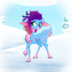 Size: 2500x2500 | Tagged: safe, artist:rurihal, imported from derpibooru, deer, deer pony, hybrid, original species, reindeer, chest fluff, cloven hooves, cute, g5, high res, misty brightdawn, mistybetes, rebirth misty, reindeerified, snow, snowfall, solo, species swap, spine, thin legs