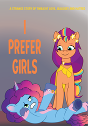 Size: 1457x2075 | Tagged: safe, artist:prixy05, imported from derpibooru, sunny starscout, earth pony, pony, unicorn, duo, duo female, female, g5, i prefer girls, lesbian, lying down, mane stripe sunny, mare, meme, misty brightdawn, my little pony: tell your tale, rebirth misty, shipping, sunnydawn, text