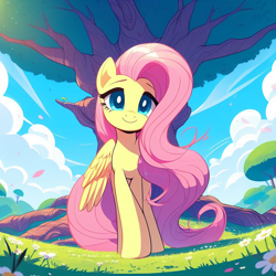 Size: 1024x1024 | Tagged: safe, imported from derpibooru, prompter:montaraz13, fluttershy, pegasus, pony, ai content, ai generated, cel shading, cloud, cute, field, front view, generator:dall-e 3, long mane, looking at you, relaxed face, shading, shyabetes, sky, smiling, solo, tree