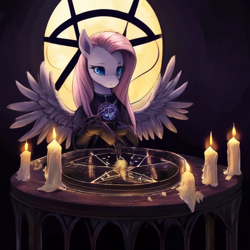 Size: 512x512 | Tagged: safe, imported from ponybooru, fluttershy, pegasus, ai content, ai generated, alter, candle, dark room, solo, wicca, witchcraft