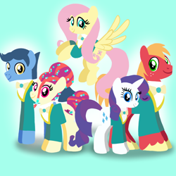 Size: 1400x1400 | Tagged: safe, artist:mlplary6, imported from derpibooru, big macintosh, fluttershy, rarity, toe-tapper, torch song, earth pony, pegasus, pony, unicorn, clothes, female, flying, looking at you, male, mare, ponytones, smiling, smiling at you, stallion