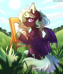 Size: 1981x2335 | Tagged: safe, artist:yuris, imported from derpibooru, oc, oc only, bat pony, pony, bat pony oc, bat wings, ears up, easel, field, grass, looking at you, looking back, looking back at you, mouth hold, pencil, sitting, smiling, solo, trade, wings