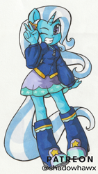 Size: 1182x2097 | Tagged: safe, artist:shadowhawx, imported from derpibooru, trixie, human, equestria girls, female, horn, horned humanization, humanized, one eye closed, simple background, solo, traditional art, white background, wink