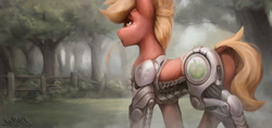 Size: 3308x1566 | Tagged: safe, artist:dashid, imported from derpibooru, big macintosh, cyborg, earth pony, pony, fanfic:iron hearts, amputee, crossover, cybernetic legs, prosthetic limb, prosthetics, solo, straw in mouth, warhammer (game), warhammer 40k