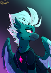 Size: 733x1033 | Tagged: safe, artist:cmdrtempest, imported from derpibooru, oc, oc only, oc:dark skroll, hippogriff, bust, crystal, cute, looking at each other, looking at someone, portrait, signature, simple background, smiling, solo, wings