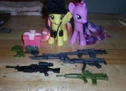 Size: 720x521 | Tagged: safe, imported from derpibooru, fluttershy, twilight sparkle, pegasus, pony, unicorn, duo, gun, irl, out of character, photo, toy, weapon