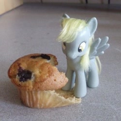 Size: 1920x1922 | Tagged: safe, imported from derpibooru, derpy hooves, pegasus, pony, eating, food, irl, muffin, photo, solo, toy