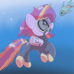Size: 1500x1500 | Tagged: safe, artist:trackheadtherobopony, imported from derpibooru, oc, oc:lana shelly, earth pony, fish, bubble, crepuscular rays, fins, fish tail, flowing mane, flowing tail, ocean, scuba gear, solo, sunlight, swimming, tail, underwater, water, wetsuit
