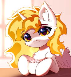 Size: 1165x1262 | Tagged: safe, artist:airiniblock, imported from derpibooru, daybreaker, alicorn, pony, chest fluff, chocolate, commission, cute, ear fluff, eye clipping through hair, eyebrows, eyebrows visible through hair, food, heart, heart eyes, hot chocolate, icon, marshmallow, morning, patreon, patreon reward, solo, wingding eyes, wings, ych result