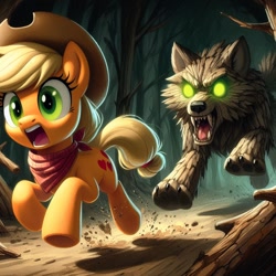 Size: 1024x1024 | Tagged: prompter needed, safe, imported from derpibooru, applejack, earth pony, pony, timber wolf, ai content, ai generated, chase, cowboy hat, dirt, female, forest, generator:dall-e 3, glowing, glowing eyes, hat, mare, nature, neckerchief, open mouth, outdoors, panic, running away, tree, wood