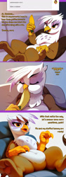 Size: 2000x5296 | Tagged: safe, artist:rupert, imported from derpibooru, gilda, griffon, series:ask white belly gilda, ai content, ai generated, ask, banana, cute, eating, female, food, generator:pony diffusion v6 xl, generator:stable diffusion, gildadorable, high res, pale belly, prompter:rupert, sitting, tumblr, white belly
