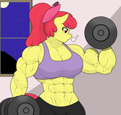 Size: 1970x1870 | Tagged: safe, artist:matchstickman, imported from derpibooru, apple bloom, anthro, earth pony, abs, apple brawn, bicep flex, biceps, breasts, busty apple bloom, clothes, deltoids, dumbbell (object), female, flexing, mare, matchstickman's apple brawn series, muscles, muscular female, night, older, older apple bloom, pecs, solo, sweat, triceps, vein, weights