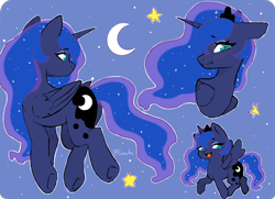 Size: 1684x1219 | Tagged: safe, artist:tiiruki, imported from derpibooru, princess luna, alicorn, pony, blushing, crescent moon, cute, doodle, eyebrows, eyebrows visible through hair, female, folded wings, horn, looking at you, lunabetes, mare, moon, open mouth, open smile, smiling, smiling at you, solo, spread wings, stars, wings